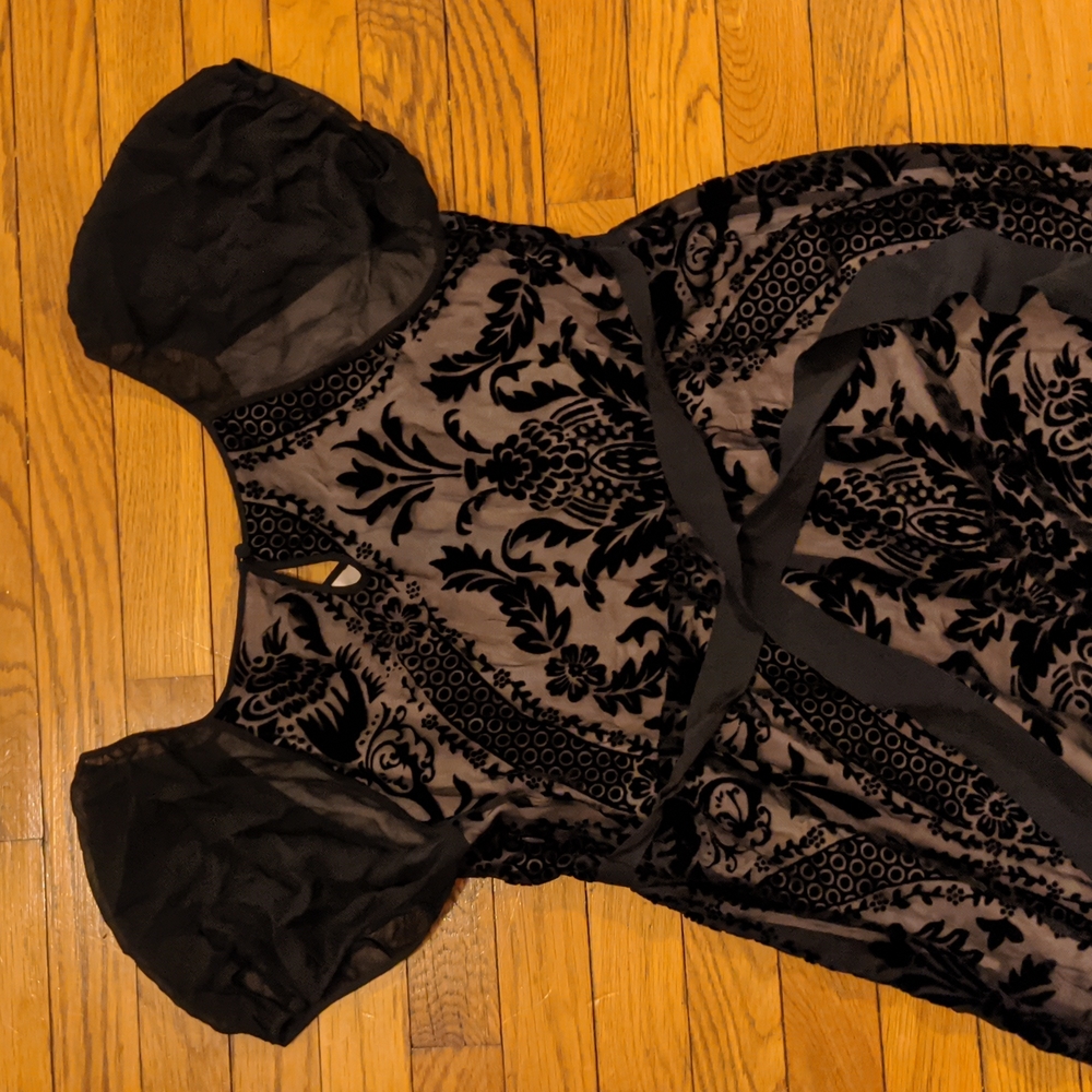 Mimi maternity black silk & velvet flocked dress, sheer over petal pink